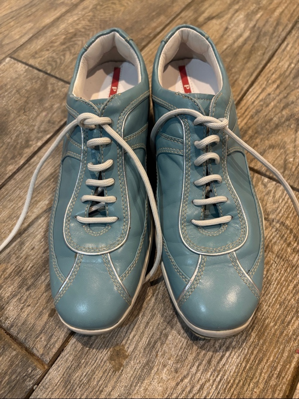 Prada Women's Vintage leather Lace-Up Sneakers in light blue size 37.5 US 7.5
